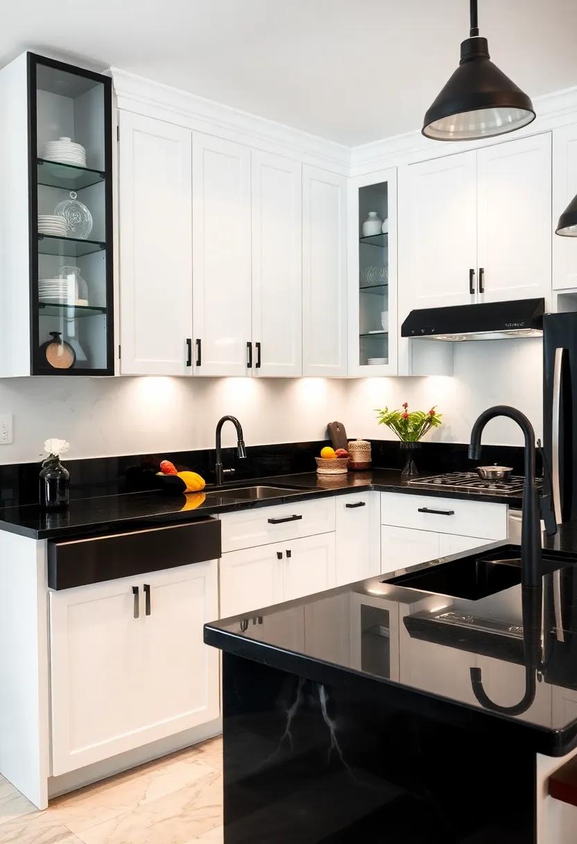 Glossy Black‍ Countertops with White Cabinets for High Contrast