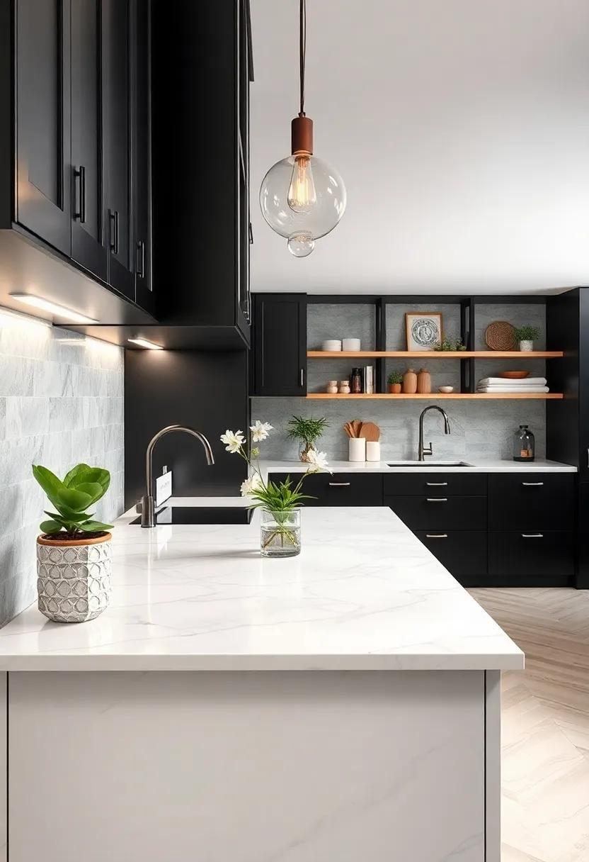 Sleek ⁢Black Cabinets Paired‍ with White Marble Countertops