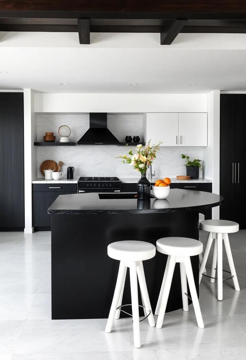 Statement Black Kitchen ‌Island with White Stools