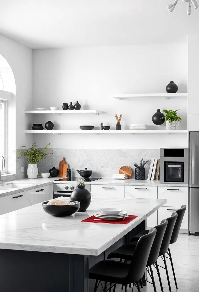 White Shelving with Black Accents for minimalist charm