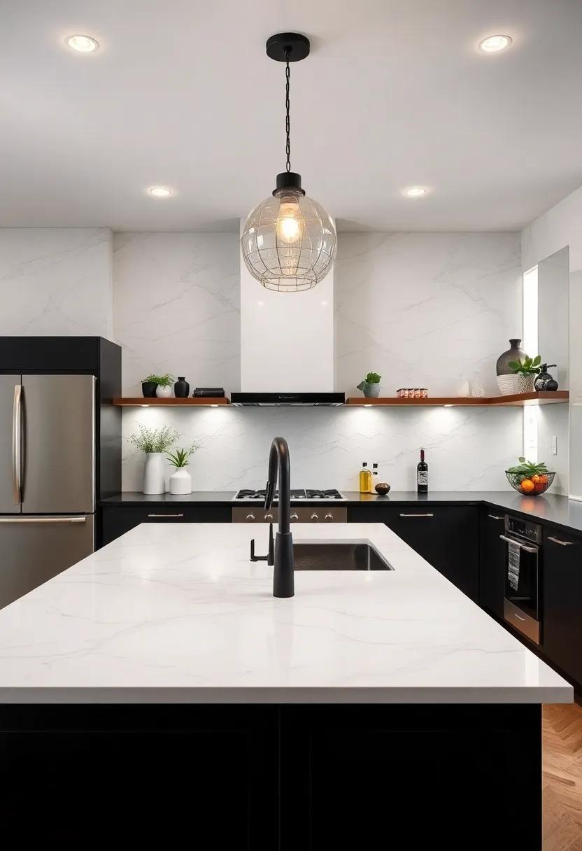 White Quartz Counters with Black Grout Details