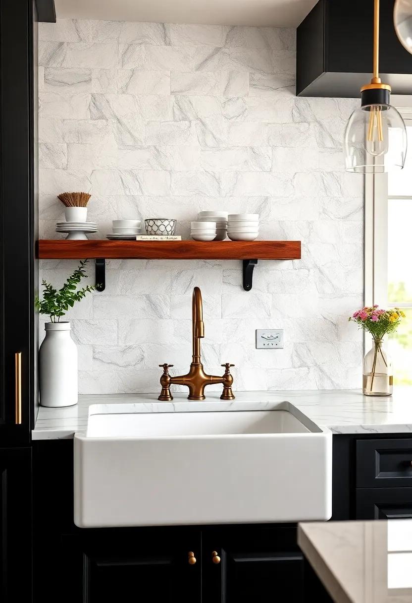 White Farmhouse Sink​ Framed by⁤ Black Cabinetry