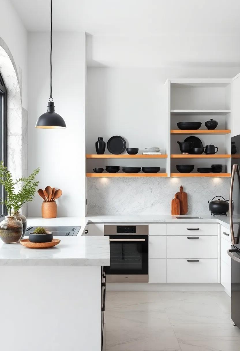 White Open Shelves Styled with Black ⁣Kitchenware