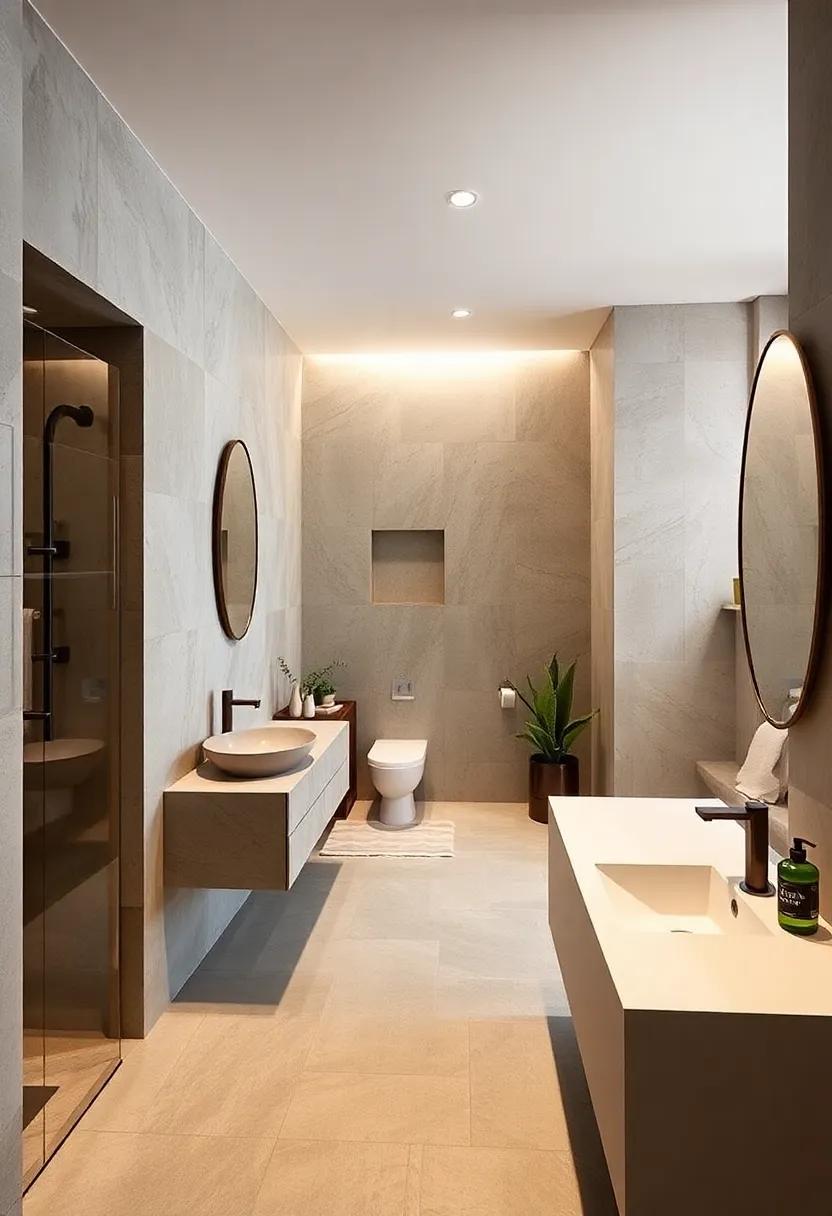 Geometric Harmony: Angular sinks and patterned floors create visual interest without sacrificing usability