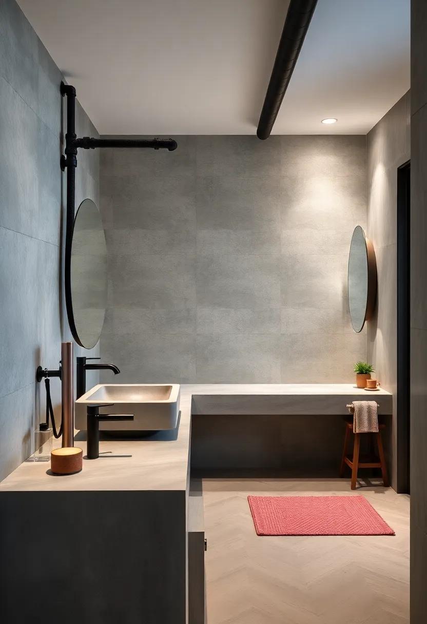 Industrial Edge: exposed ⁢pipes,‌ concrete sinks, and metal ⁤fixtures bring urban grit together ‌with practical ⁤design elements