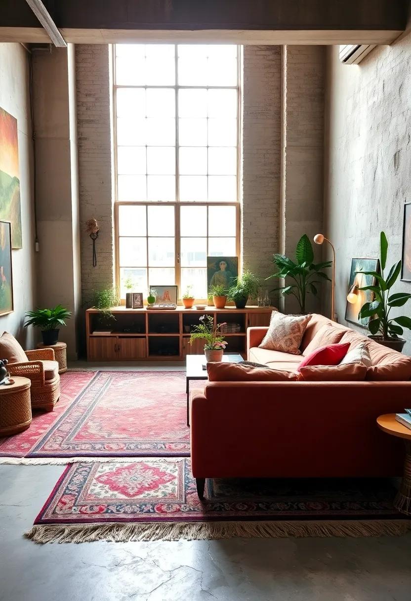 A sunlit artist's loft layered with vintage⁤ Persian rugs⁤ and plush⁣ velvet⁤ sofas, blending old-world charm with modern creativity