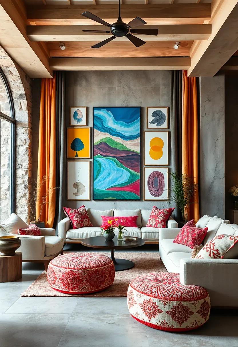 A vibrant gallery ⁤wall paired with linen drapes and embroidered poufs, intertwining art and ⁢texture seamlessly
