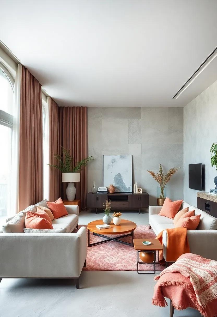 A sleek contemporary apartment softened by chenille drapes and luxurious silk throws, blending minimalism⁤ with indulgence