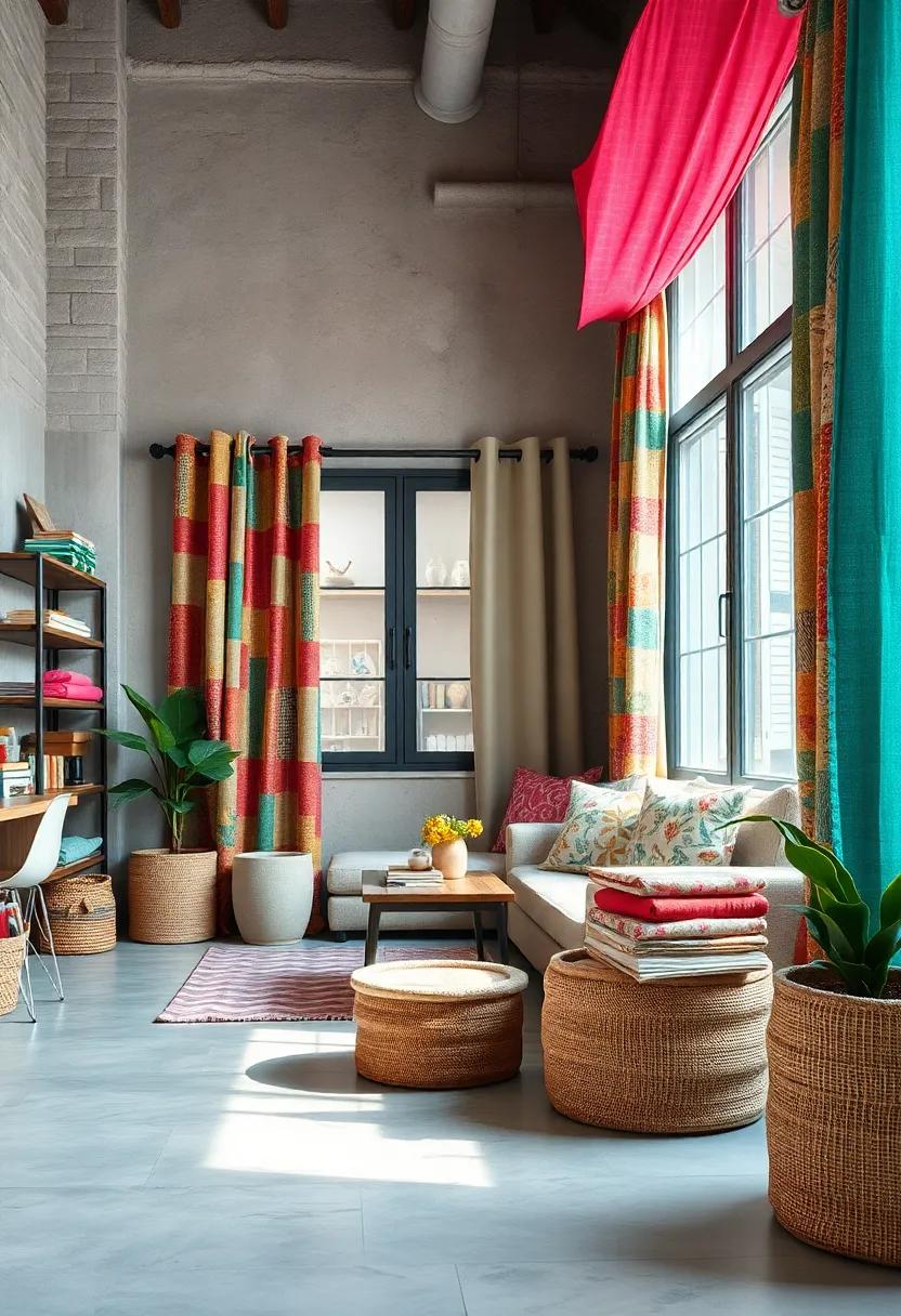 A vibrant craft room filled with colorful patchwork curtains and ‍textured burlap storage bins,⁤ stimulating hands-on creativity