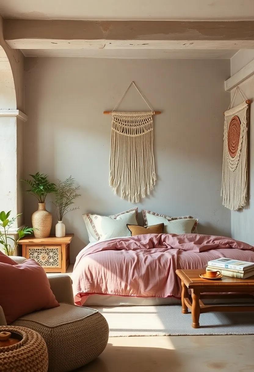 A bohemian-inspired bedroom with macramé⁢ wall art and⁤ rich linen bedding, fostering a relaxed yet stylish atmosphere