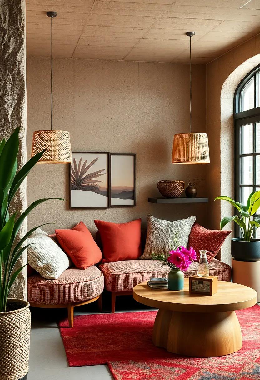 A mid-century modern⁣ nook accented with boucle cushions and woven fabric ⁣lampshades,‌ connecting‍ retro style ⁢with tactility