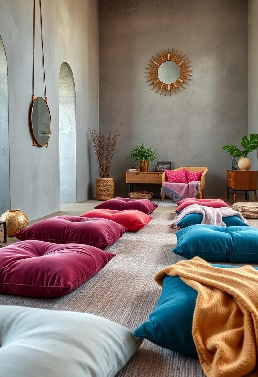 A tranquil meditation room layered‌ with plush velvet‍ floor‍ pillows and soft cashmere​ blankets, ⁤inviting mindful relaxation