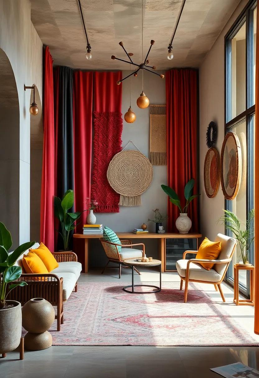 A vibrant home office bursting with silk​ drapes and textured woven wall⁢ hangings that add depth and tactile interest