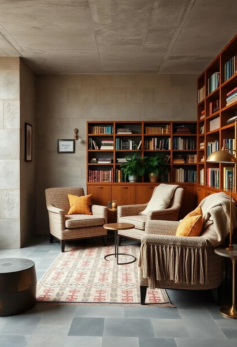 A chic library corner upholstered in tweed armchairs and‌ accented with fringed ⁤wool blankets, fusing tradition with comfort