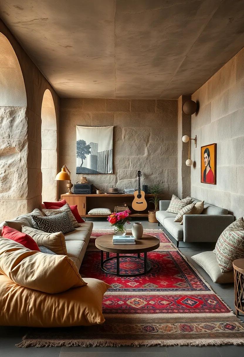 An intimate ‌music‌ room layered in ‌chenille cushions​ and patterned⁤ kilim rugs, enhancing sound and sensory experience
