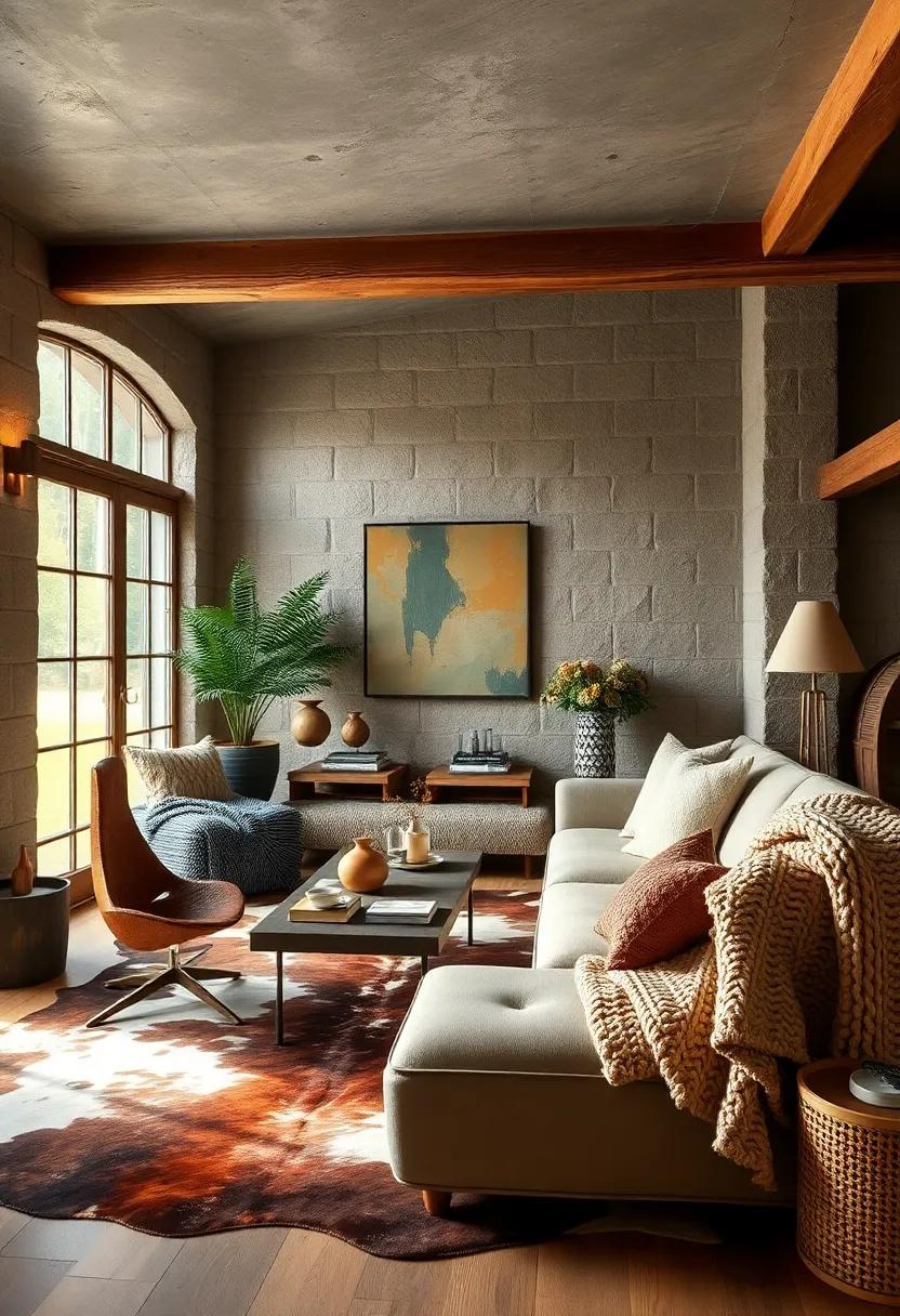 A ‍rustic cabin living area layered with cowhide ⁣rugs and thick knitted throws, merging ruggedness with cozy comfort