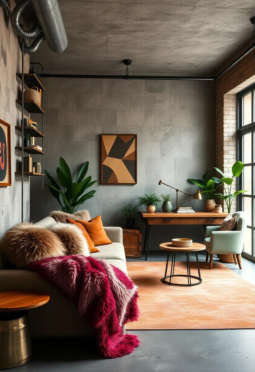 An industrial chic workspace softened by faux fur throws and⁣ nubby wool pillows,balancing edge with warmth