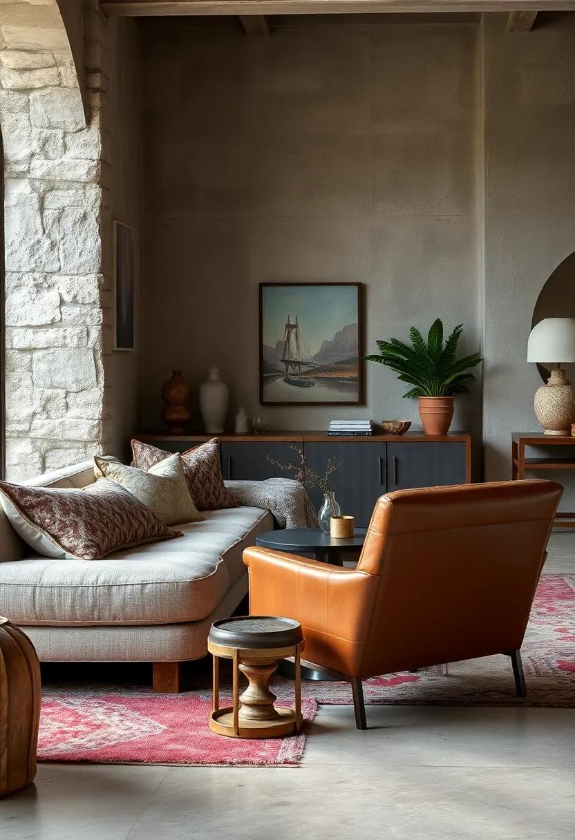 An eclectic living room featuring a mix of jacquard pillows and distressed​ leather chairs, creating a dynamic contrast of textures