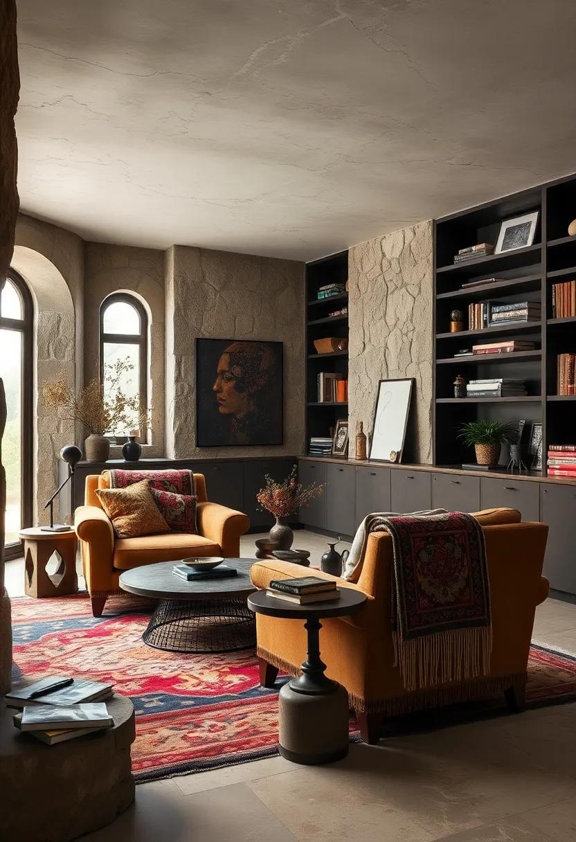 A bold study ⁤featuring⁢ tapestry-upholstered armchairs and fringed wool blankets, encouraging focused ​exploration