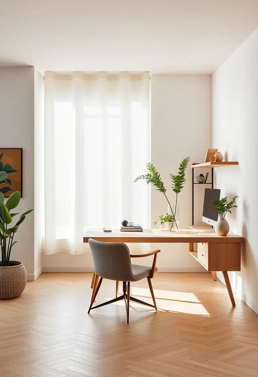 A​ light oak minimalist‍ desk⁣ paired with a sleek, low-profile ⁤chair‍ anchors this Japandi home office,​ creating an uncluttered and tranquil workspace