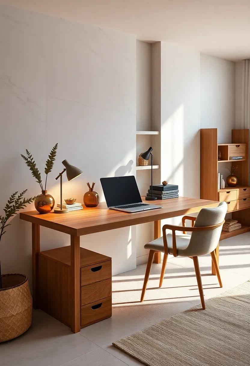 A minimalist desk in natural oak invites clarity with its smooth ​surface, complemented by artisan-crafted⁢ storage boxes‌ and soft ambient lighting