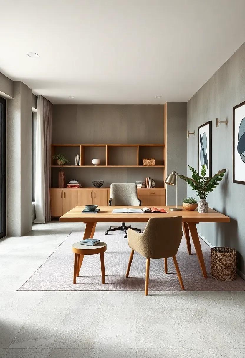 Featuring a low-profile⁣ pine desk with ⁣tapered legs, this home office balances openness and function with a soft‍ neutral palette