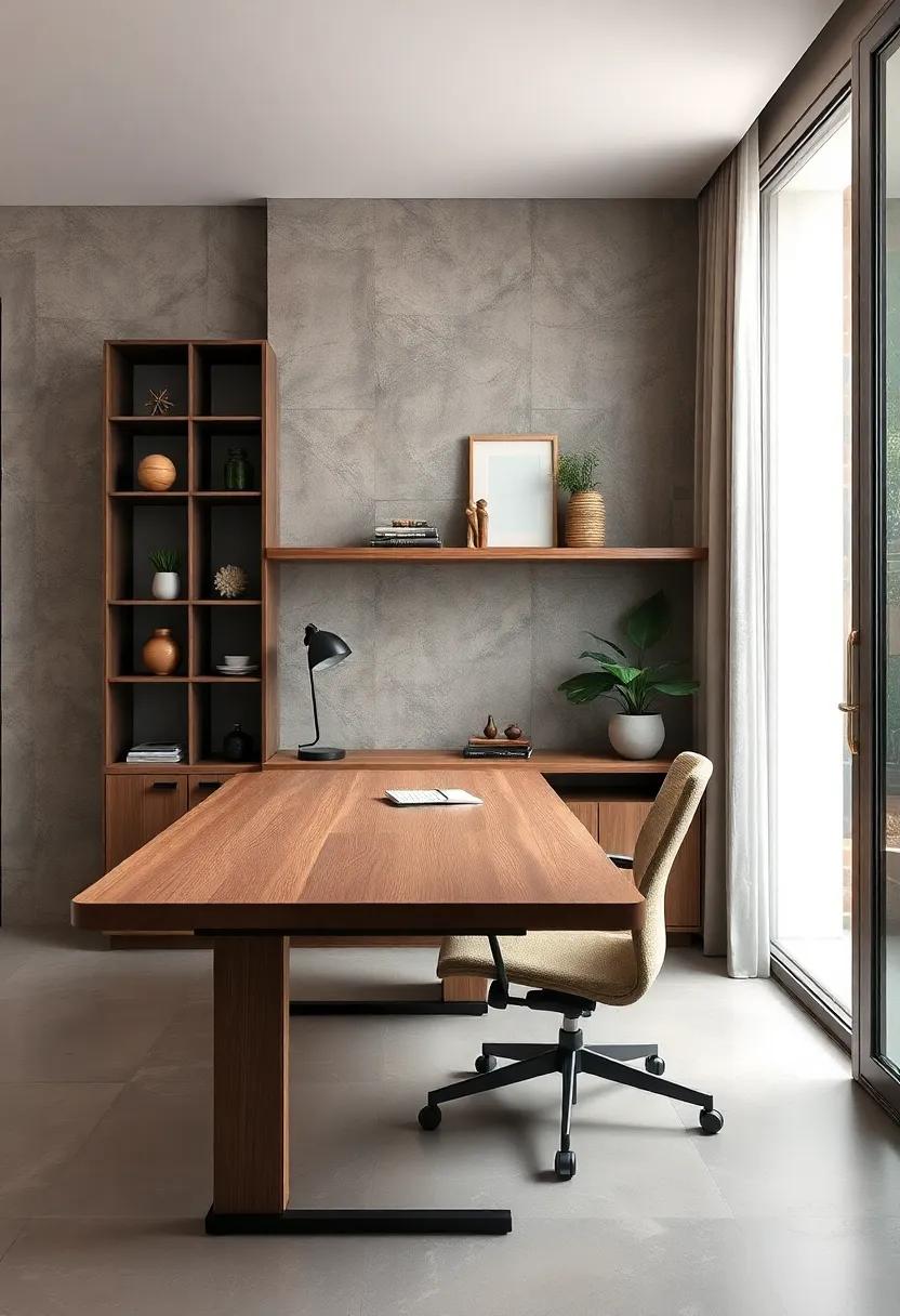 This workspace uses a raw teak desk with minimal hardware details, anchored⁤ by a comfortable ergonomic chair enveloped in natural fabric