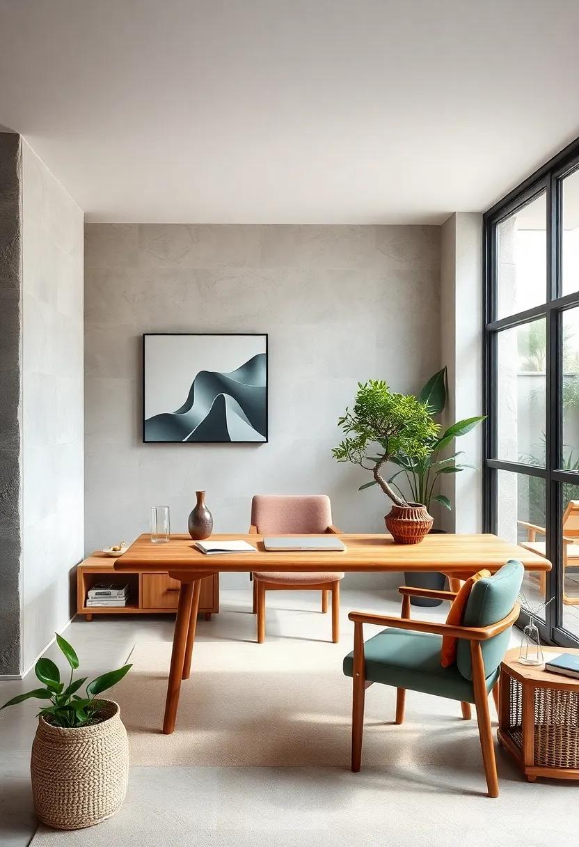 This ‌workspace ⁢centers around⁣ a compact bamboo desk adorned with⁢ a ⁤single bonsai plant, blending functionality with serene⁣ natural⁤ elements