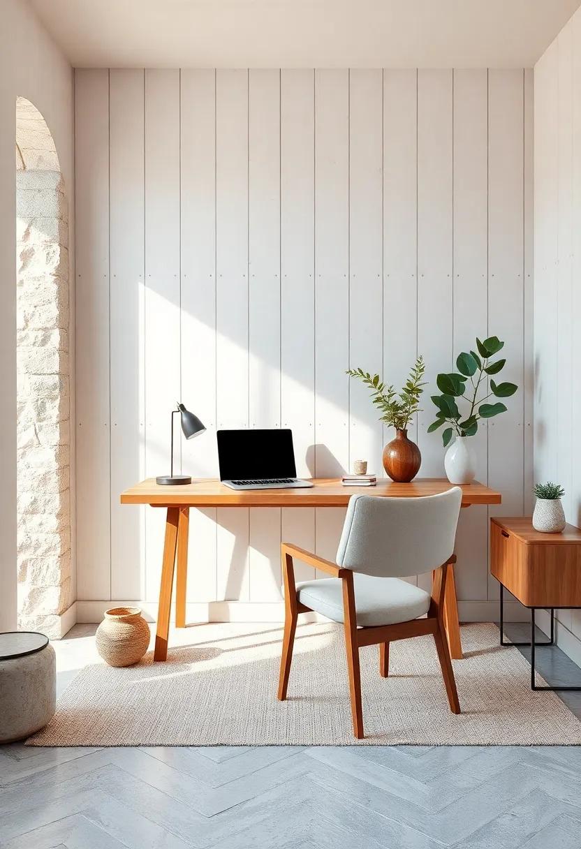 A light walnut minimalist desk is paired with ​a cozy linen-covered chair, set​ against a backdrop⁤ of whitewashed wood to enhance calmness