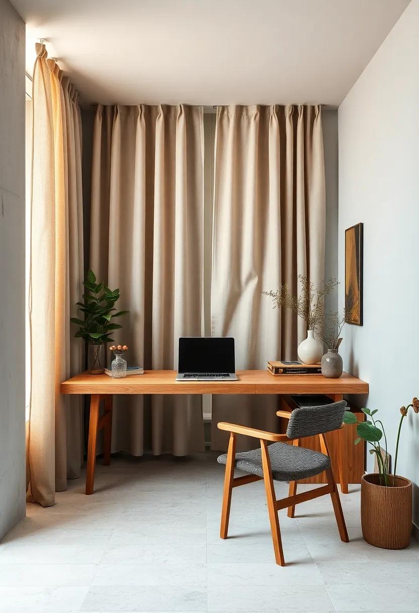 A ‍minimalist desk made from untreated teak wood stands amidst neutral walls and natural linen curtains, fostering a grounded work environment