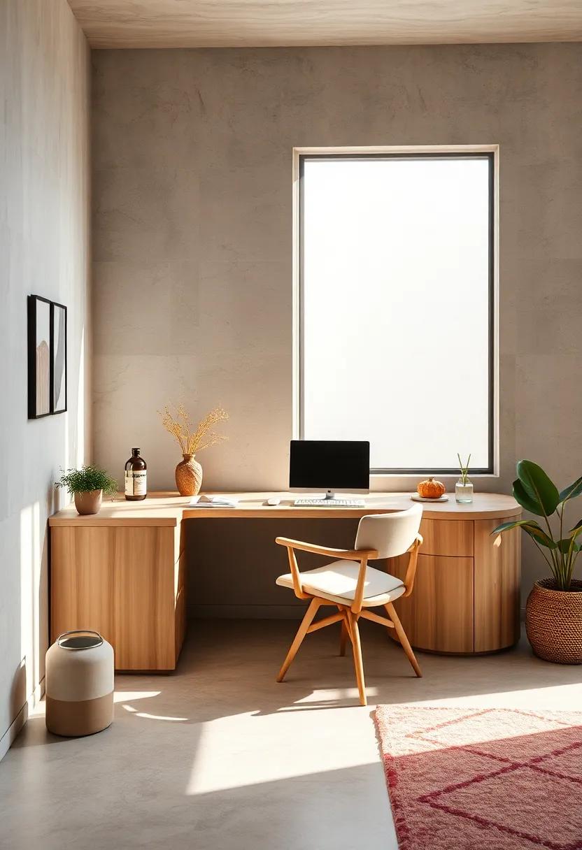 An L-shaped minimalist desk crafted from light maple wood nestles into a corner, enhanced by ample natural light and sparse decor⁤ accents