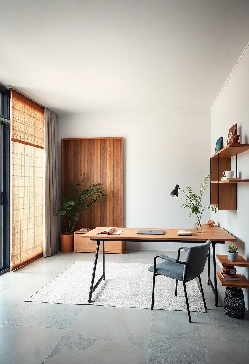 Combining bamboo elements and a slender black metal-framed desk, this office ‌exemplifies the balanced simplicity of Japandi design