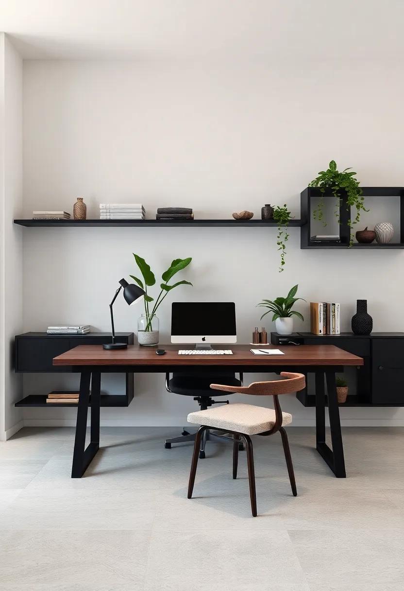 A sleek, dark-stained wooden desk combines‌ with minimalist black​ shelving and green foliage to evoke serene⁣ productivity