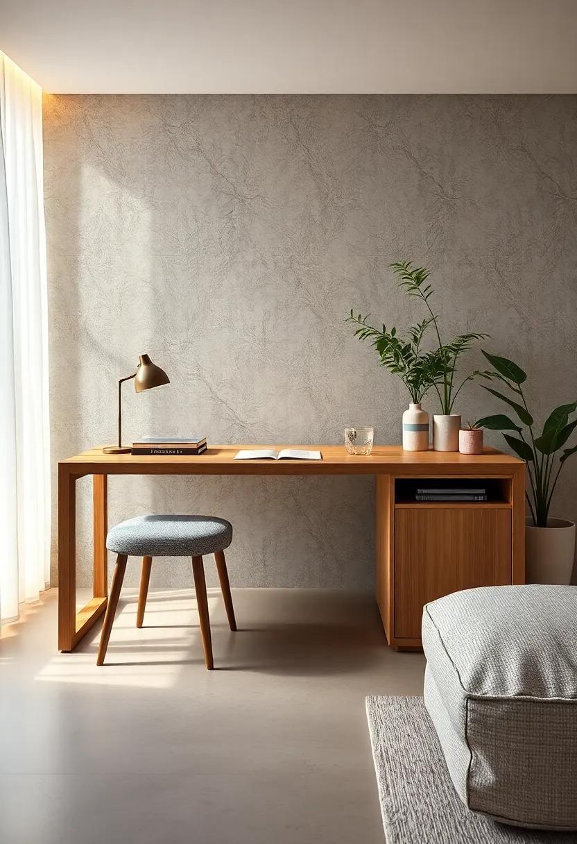 A slender oak⁤ desk with​ hidden ‌storage compartments maintains a clutter-free surface,​ enhanced by soft indirect lighting for‌ a peaceful vibe