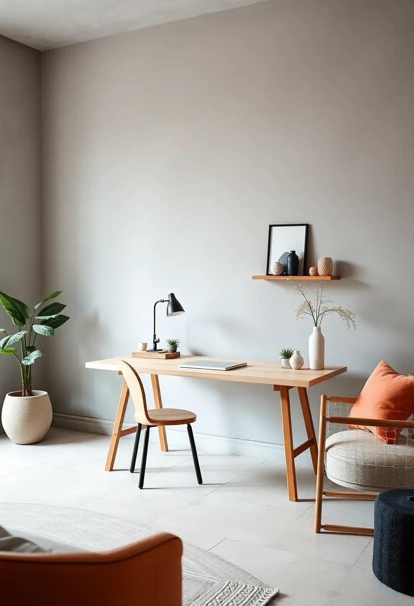 A streamlined ash wood desk blends effortlessly with​ soft gray walls​ and minimal‌ decorative items, reinforcing the peaceful ⁤Japandi ethos