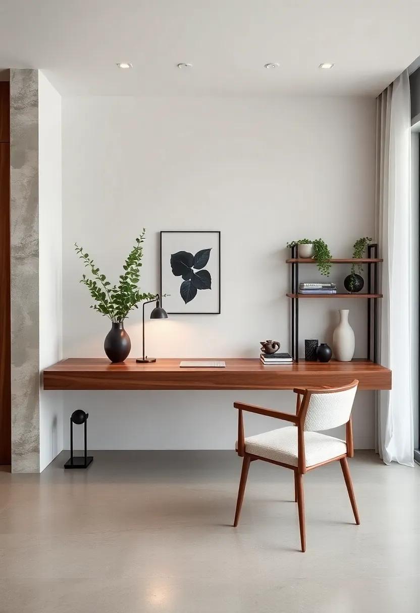 Crisp lines define this floating walnut desk, paired with minimalist monochrome accessories to maintain an uncluttered and focused environment