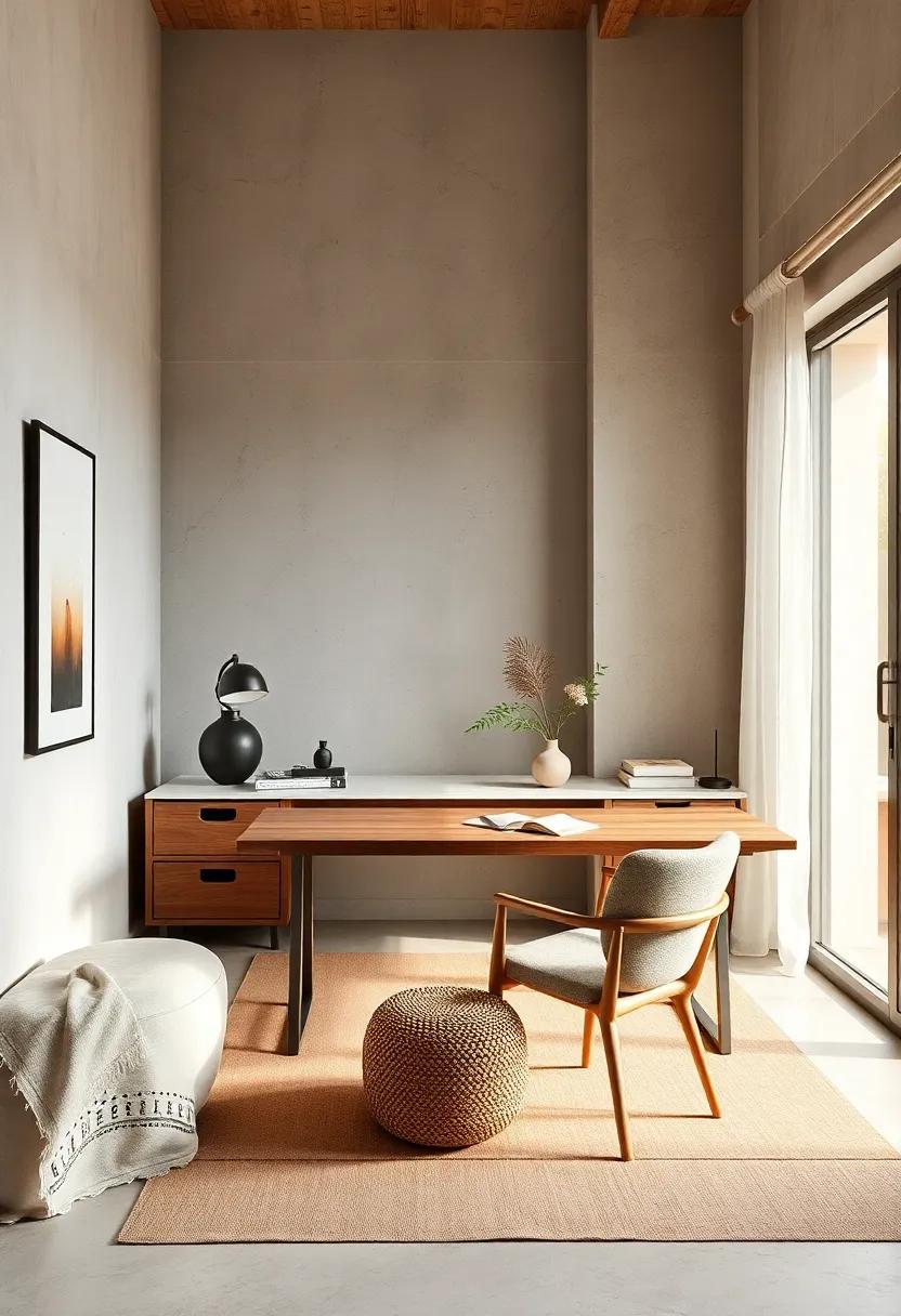 This⁤ serene setup ​features a compact walnut desk with clean lines, complemented by soft natural ⁢textiles and‌ muted tones for a calming effect