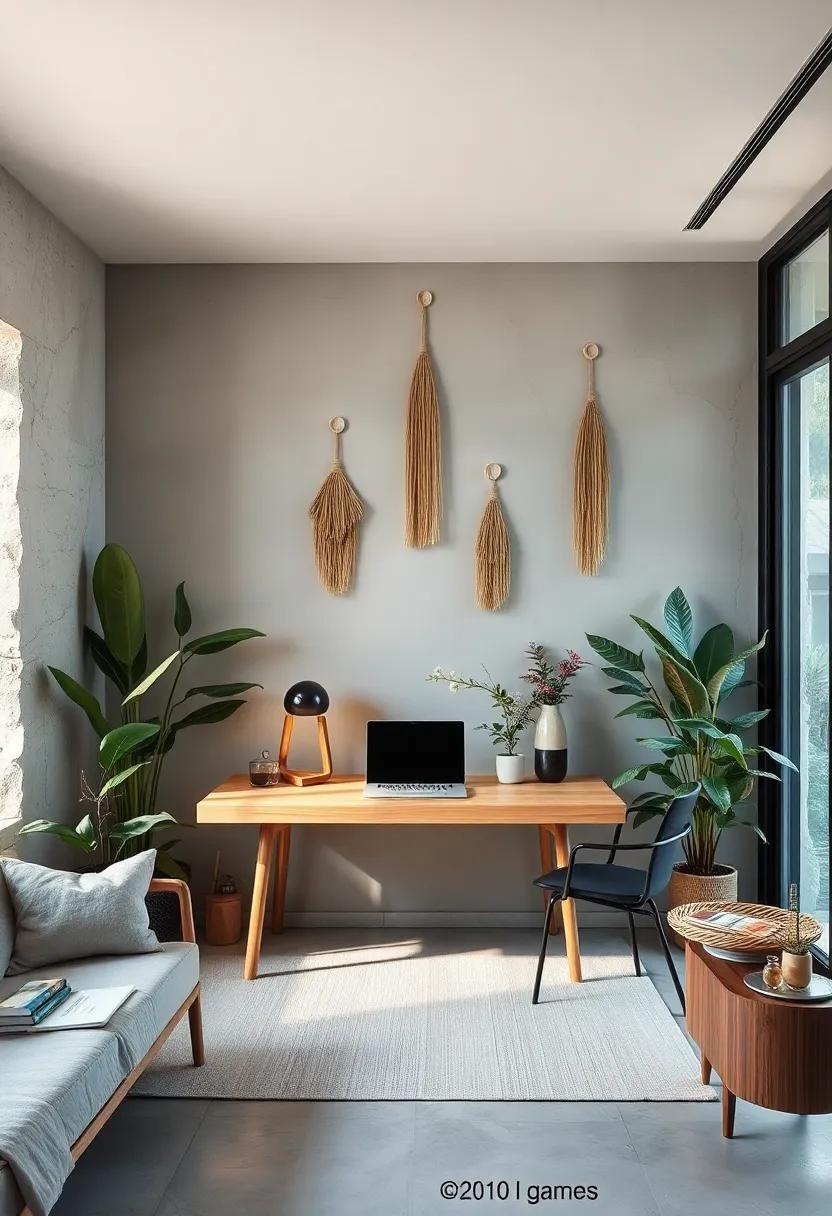 This home office highlights a compact desk constructed from ‌sustainable bamboo,enhanced ‌by delicate,nature-inspired⁤ wall hangings