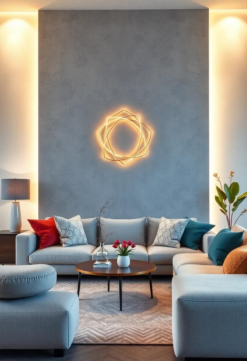 Place‍ a geometric​ wire art‍ piece that plays with light and shadow⁣ when illuminated