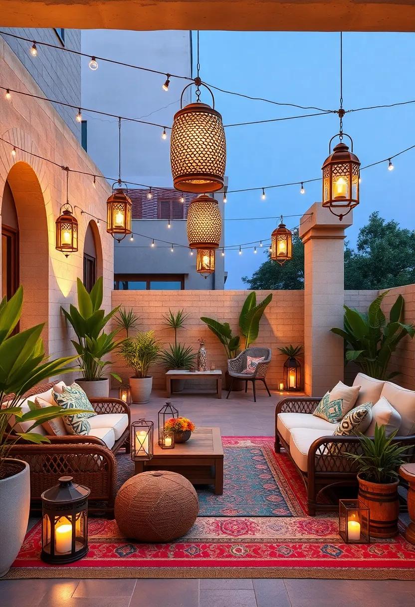 Combine lanterns ⁣with Moroccan textiles⁤ and⁤ rugs to⁤ heighten the ethnic charm of⁣ your‍ patio lounge