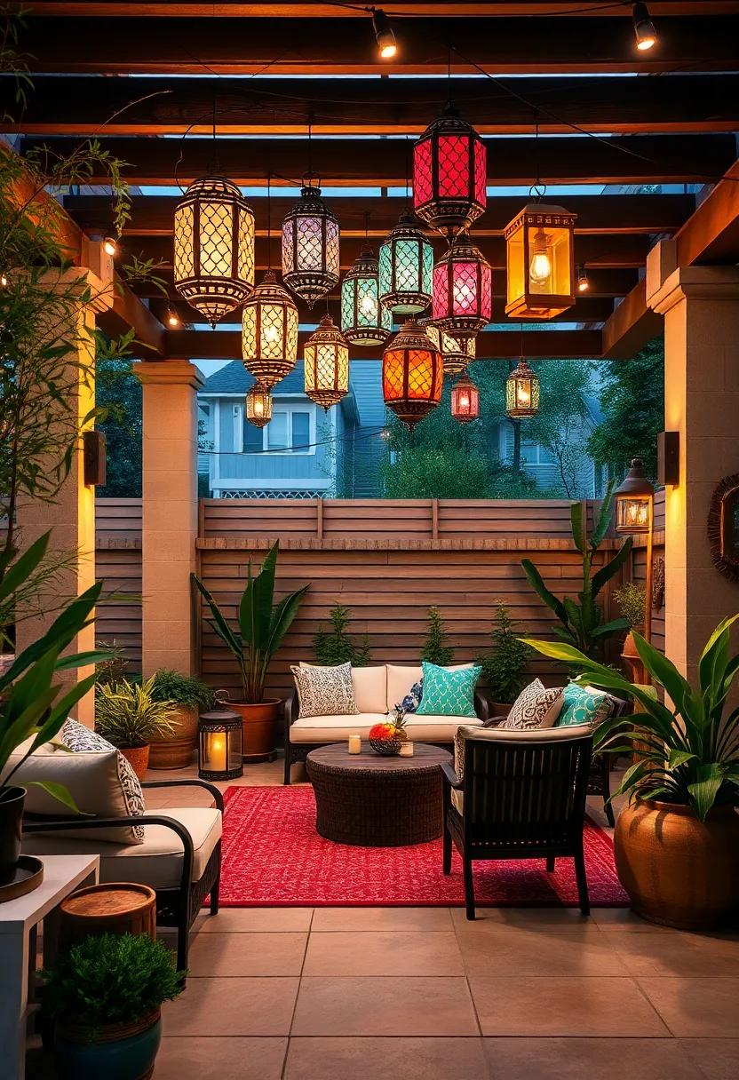 Hang a cluster of colorful Moroccan⁣ lanterns at varying heights ⁢to create a dynamic focal⁣ point above your seating area