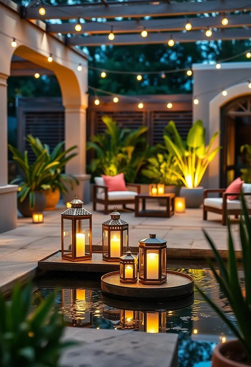 Place⁤ lanterns on ‌floating trays in⁢ a water feature to create shimmering reflections and serene mood lighting