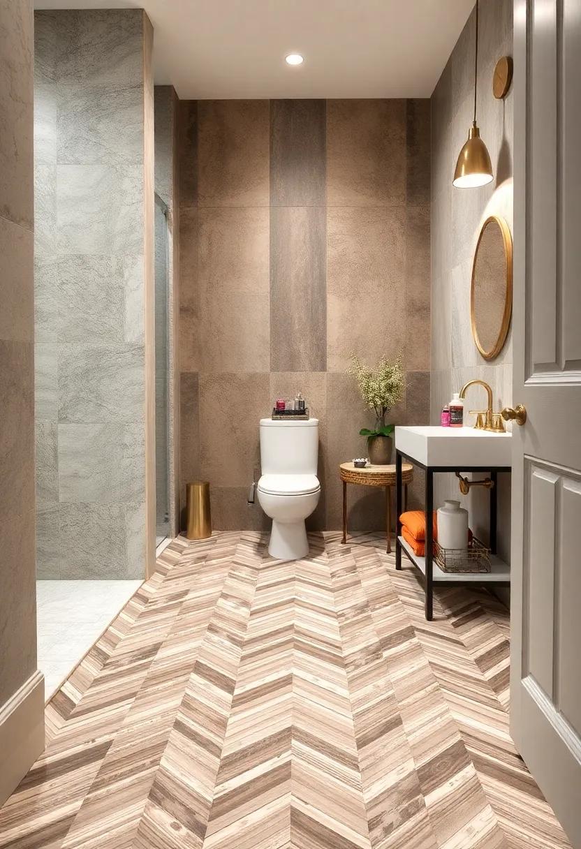 Chevron Patterned Vinyl Floors: Add dynamic energy and movement to your powder room with chevron patterned vinyl flooring in bold or muted tones