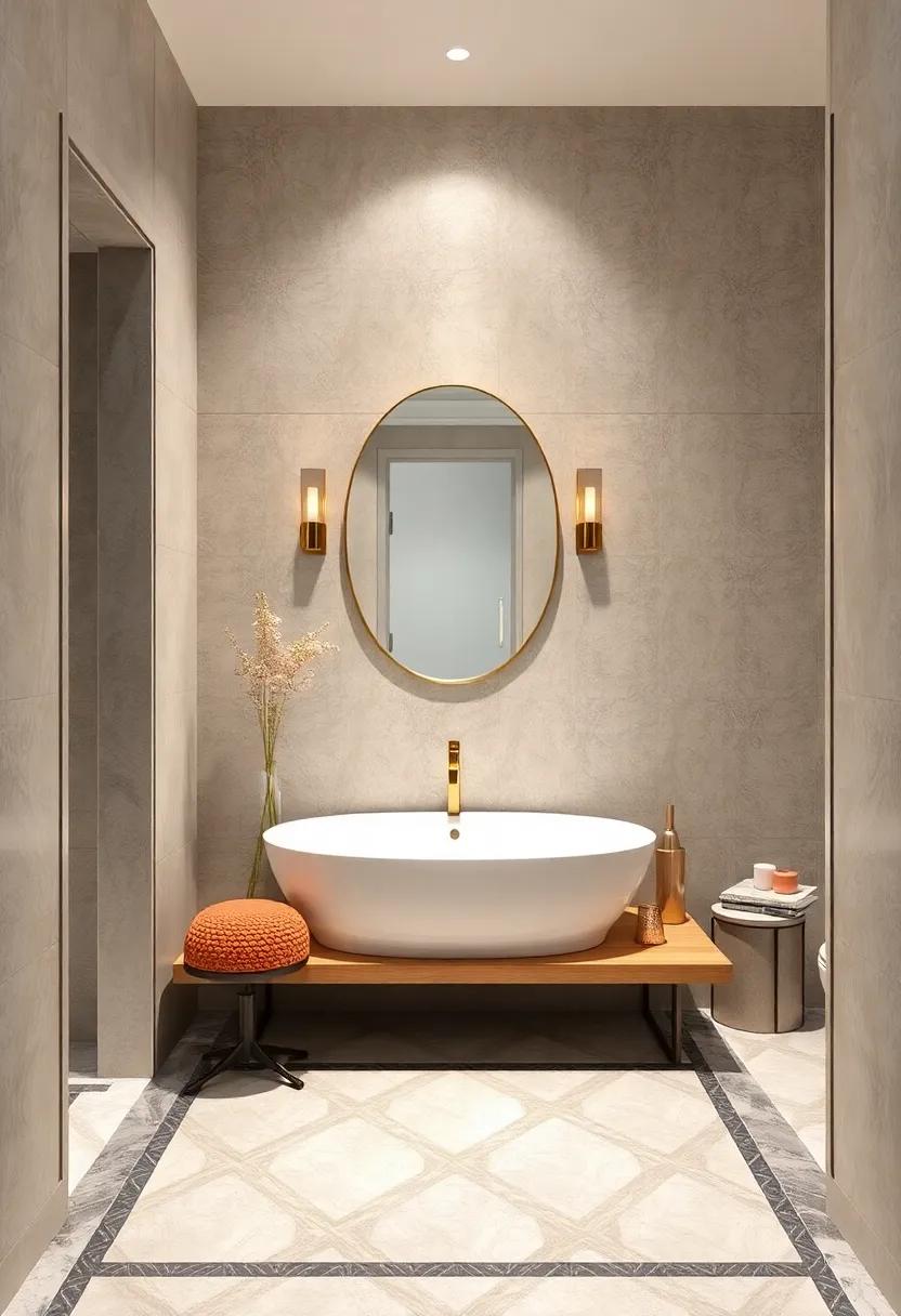 Customized Inlaid Tile Borders: Frame your powder room floor with custom inlaid tile borders for a refined and tailored look