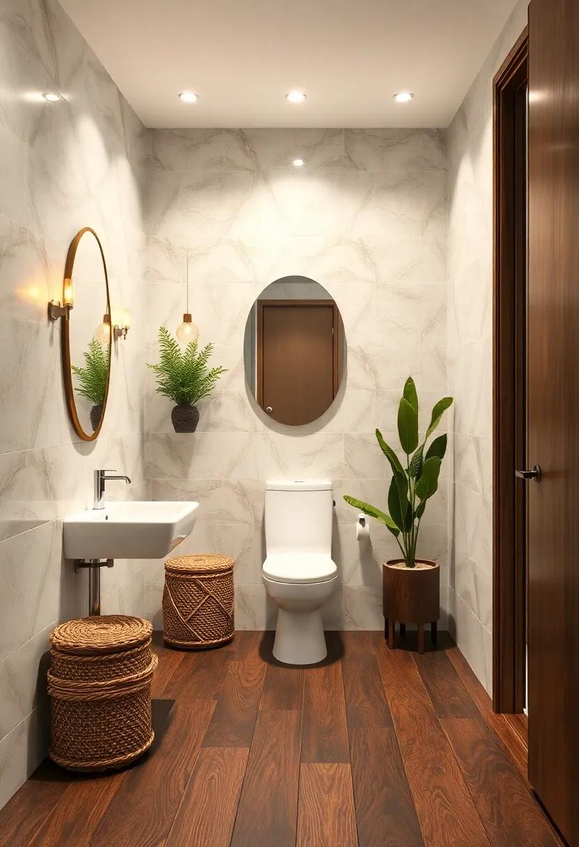 Dark Wood and Cream Tile Combo: Pair dark wood flooring with cream tiles for an elegant contrast that visually expands your powder room
