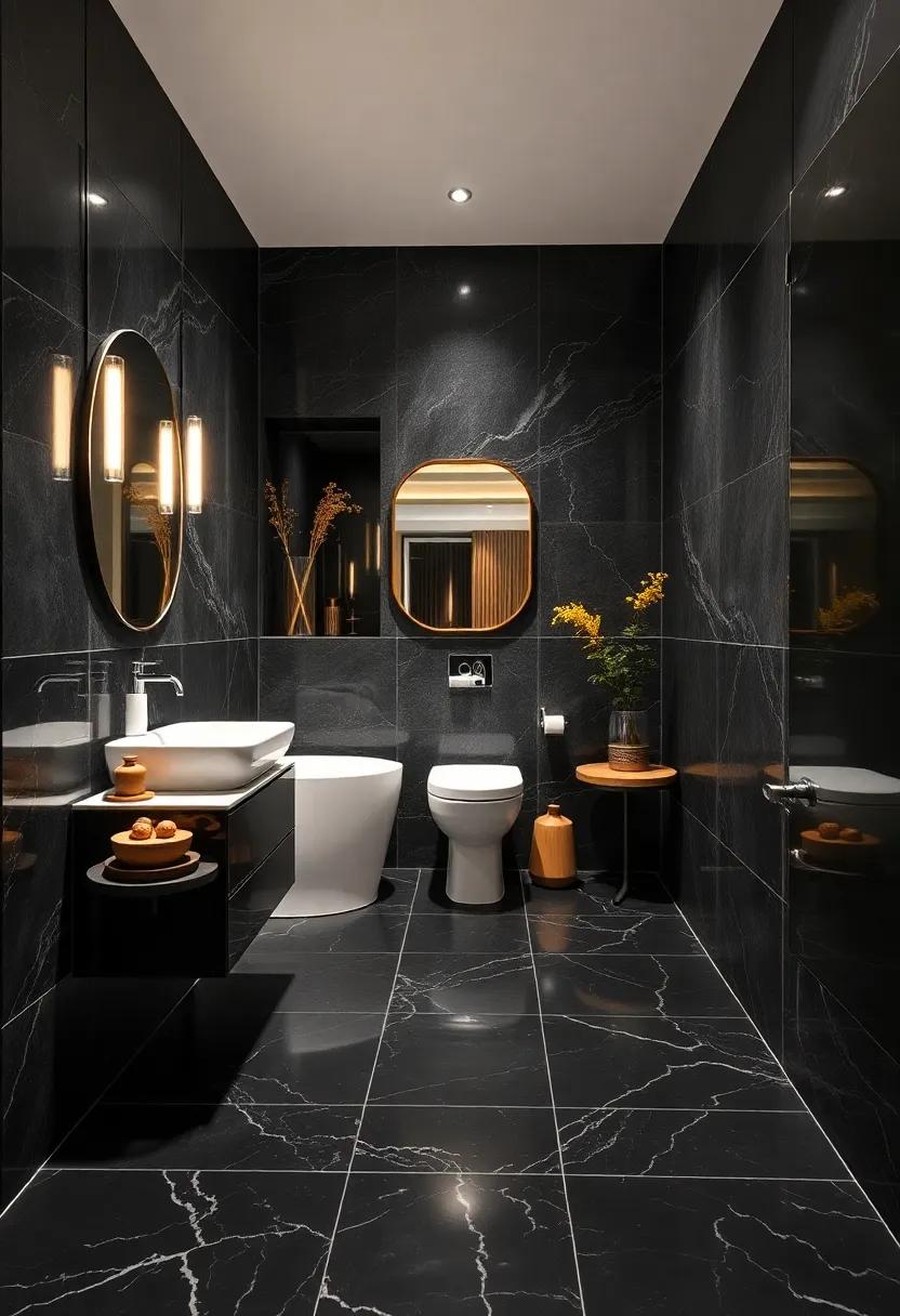 Glossy Black Porcelain Tiles: Go sleek and contemporary with glossy black porcelain tiles that create a striking contrast in a compact powder room