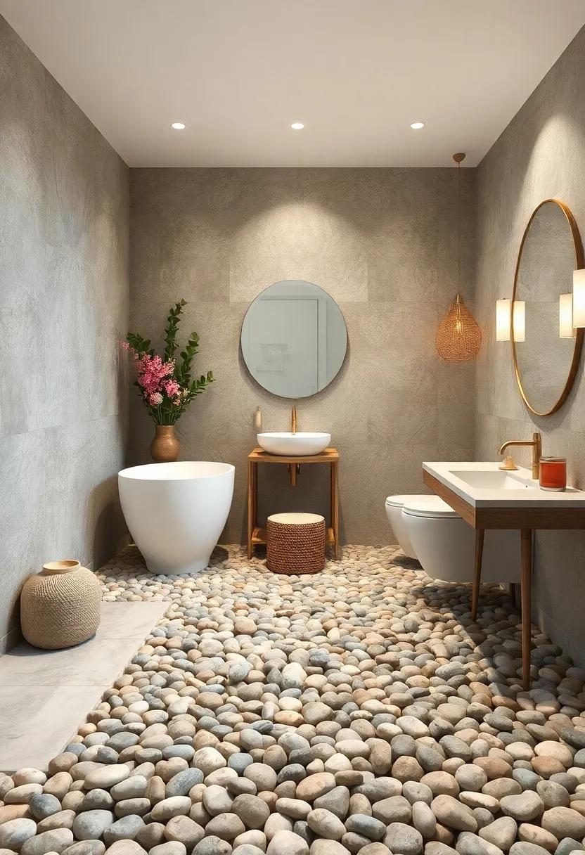 Neutral Tone Pebble Flooring: Add organic texture and a spa-like feel with smooth, neutral-toned pebble flooring underfoot