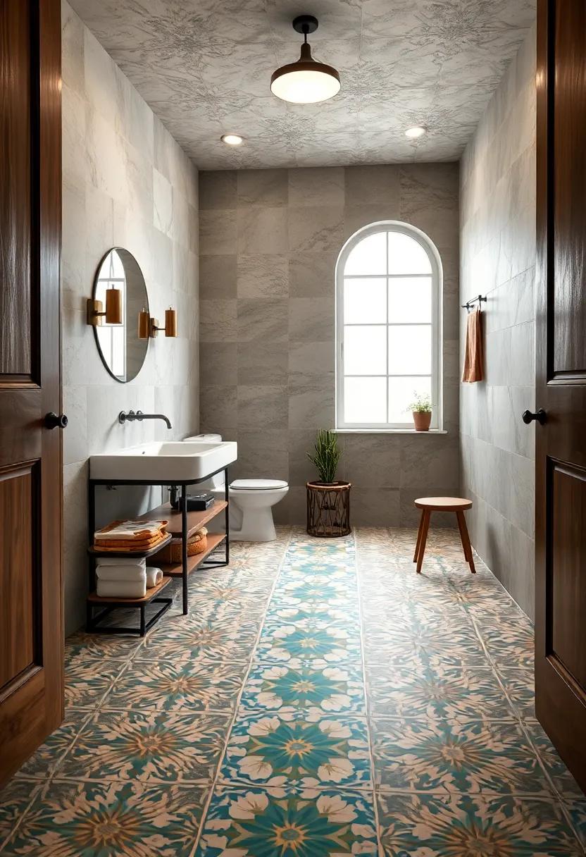 Patterned cement Tiles: Infuse your powder room with artistic flair using vibrant patterned cement tiles that create a captivating focal point