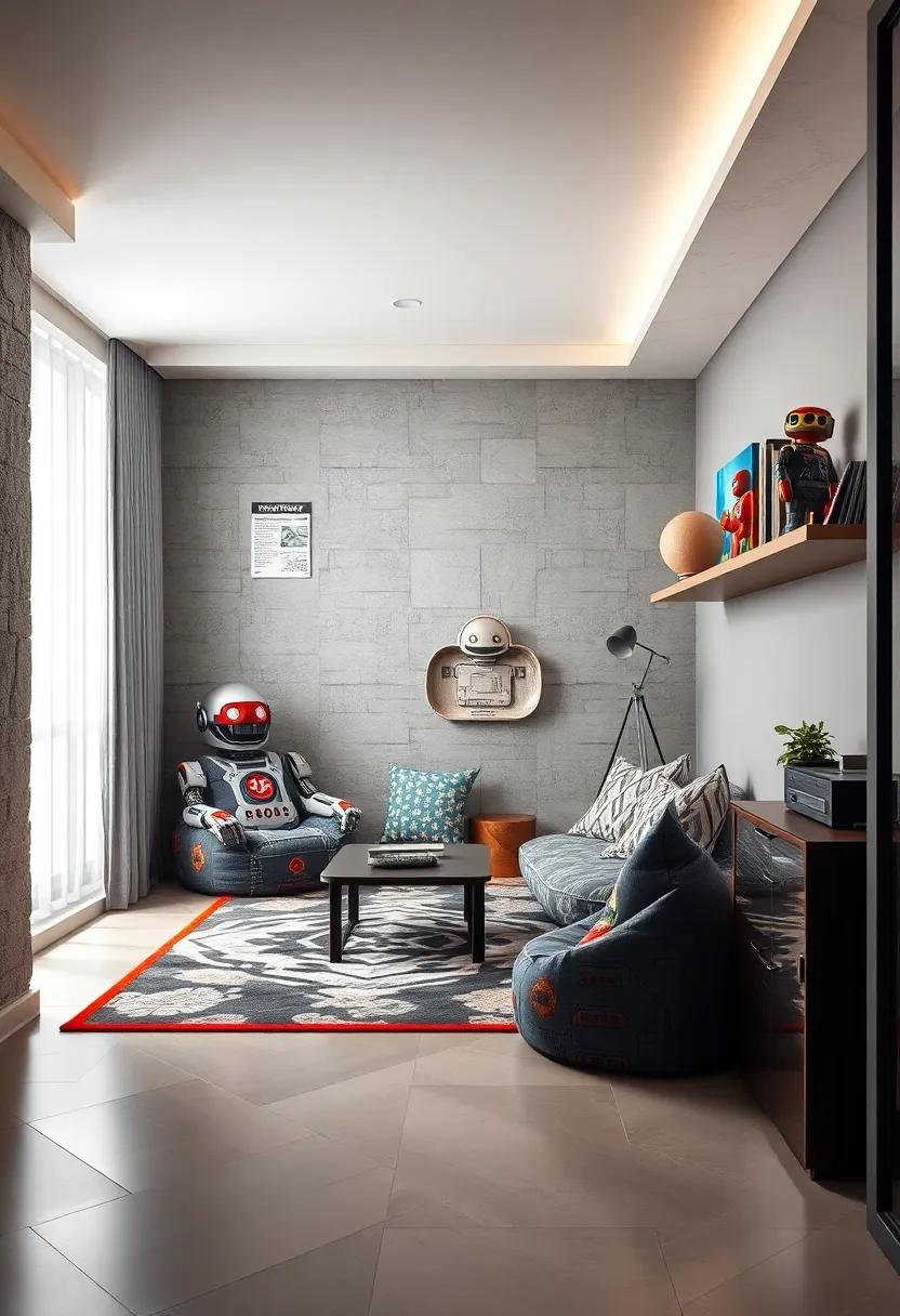 Create a corner nook with robotic-themed bean bags and cushions for reading or gaming