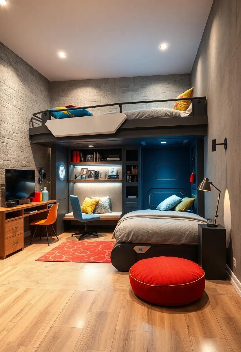 Design a loft bed with built-in storage resembling a futuristic robot cockpit for a space-saving solution